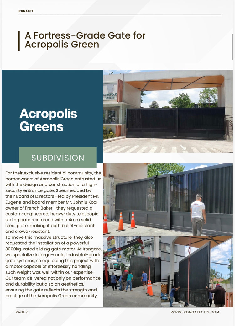 Heavy-duty telescopic sliding gate at the Acropolis Greens entrance, finished and during installation