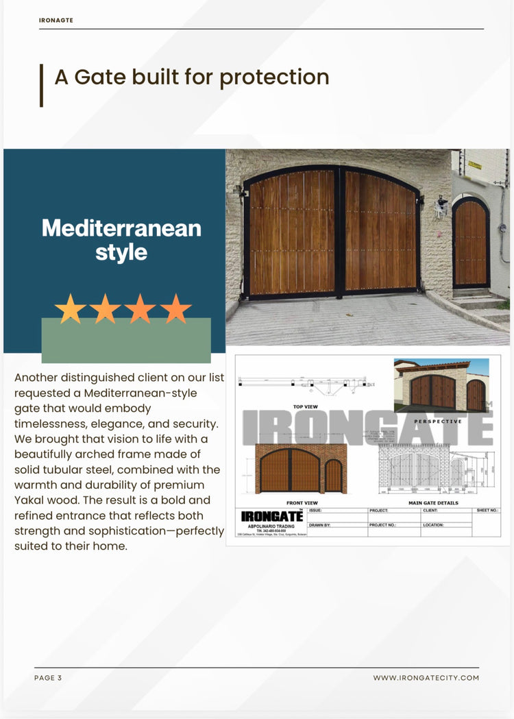 Arched Mediterranean-style steel and Yakal wood gate with matching pedestrian door, and its IRONGATE shop drawing