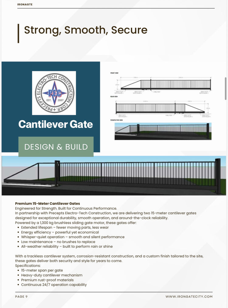 Technical drawings of the 15-meter cantilever gate: front, rear, and perspective views
