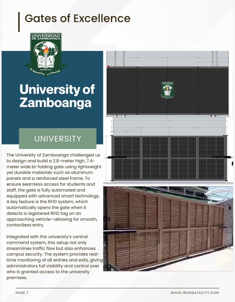University of Zamboanga bi-folding gate: design renders and the finished aluminum and steel gate